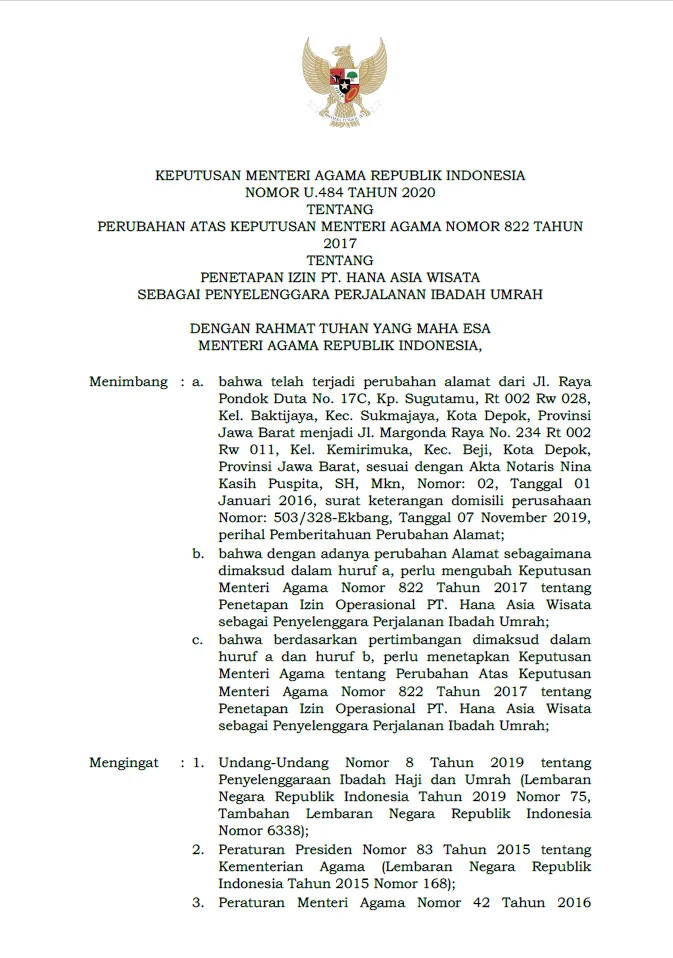 izin resmi umroh hana tour dari Kemenag RI