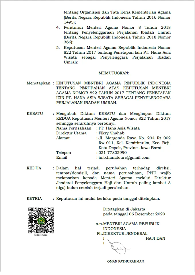 izin resmi umroh hana tour dari Kemenag RI