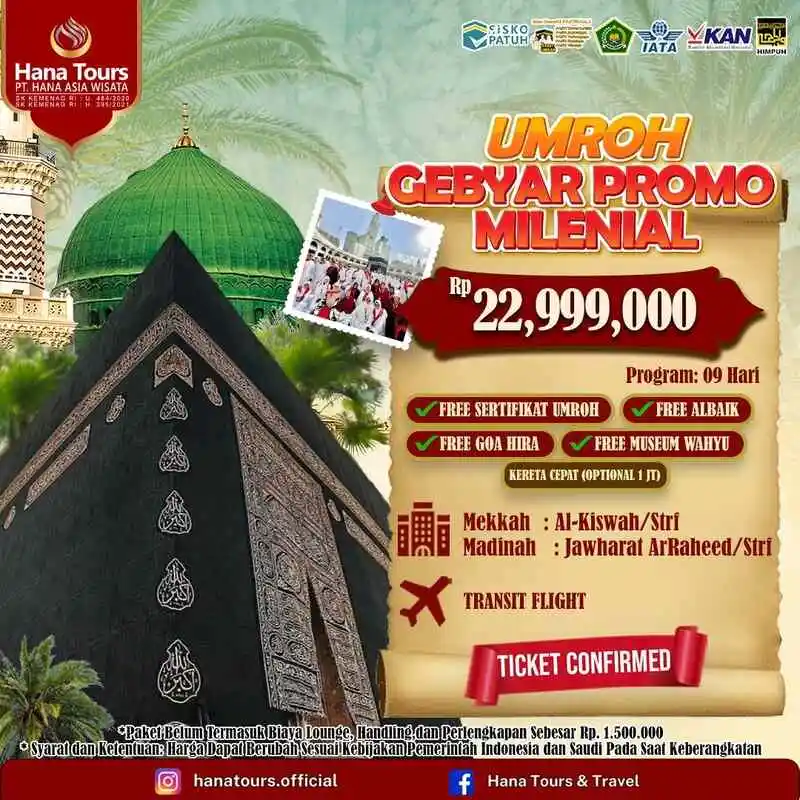 Umroh gebyar promo milenial Rp 22 jutaan. Bonus wisata ke Museum Wahyu & Goa Hira!